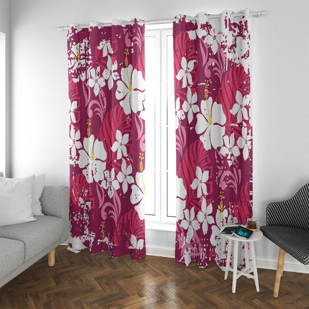 Pink Hawaiian Hibiscus Monstera Window Curtain Grunge Stylized