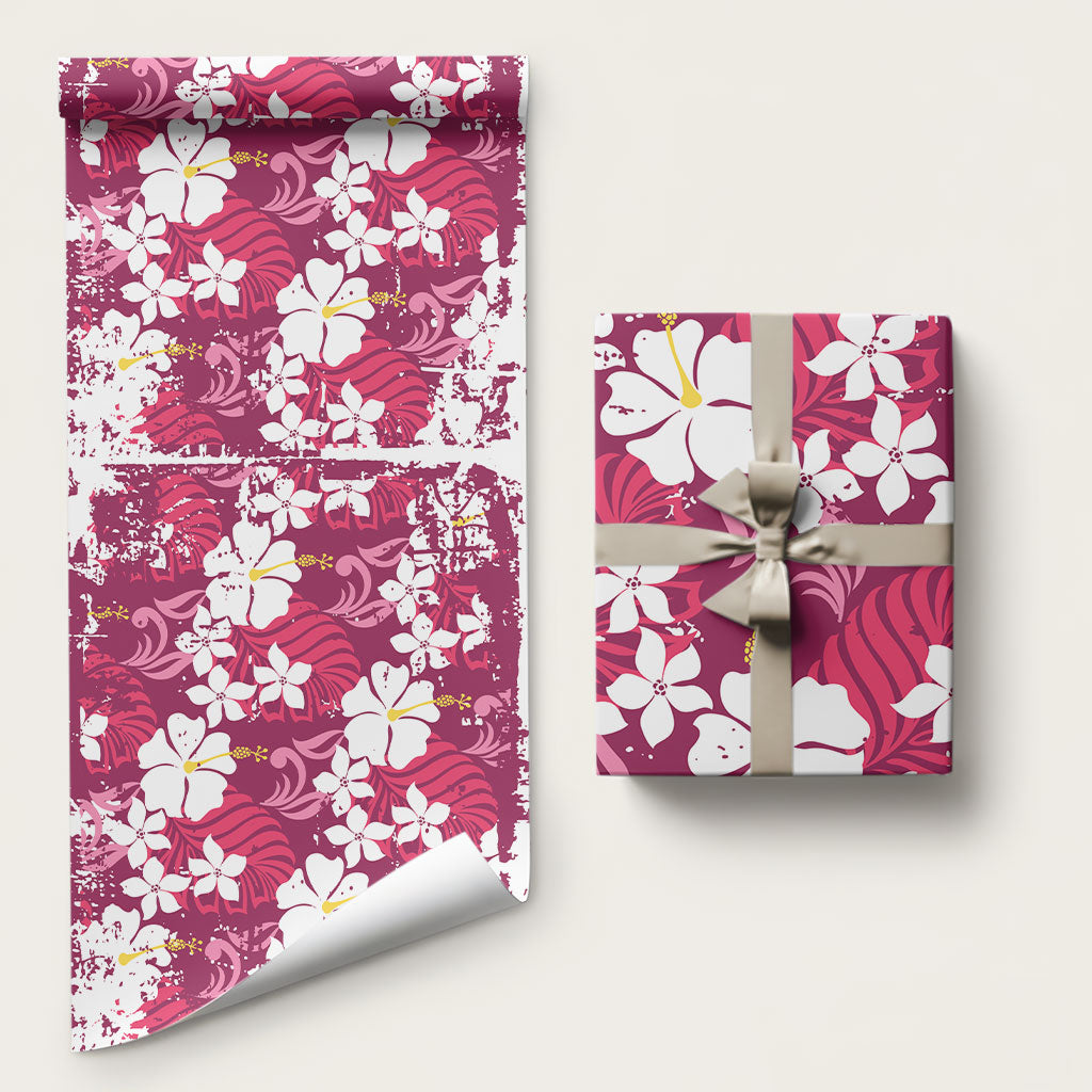 Pink Hawaiian Hibiscus Monstera Wrapping Paper Grunge Stylized
