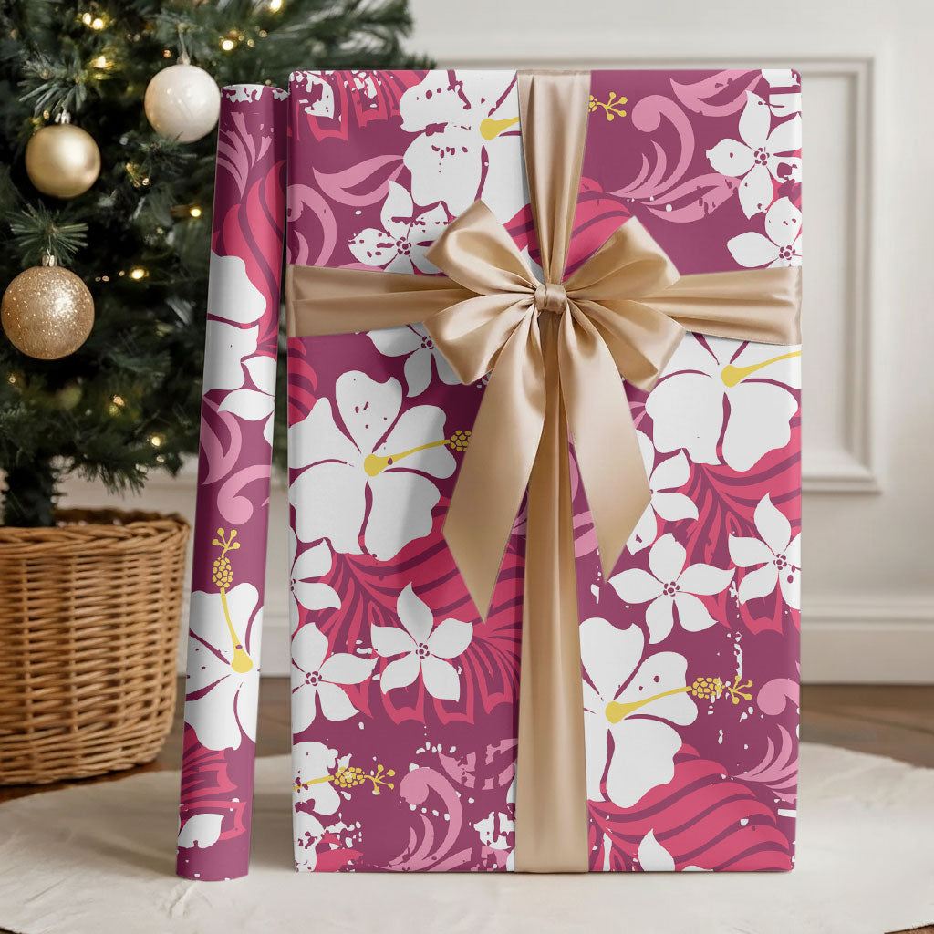 Pink Hawaiian Hibiscus Monstera Wrapping Paper Grunge Stylized