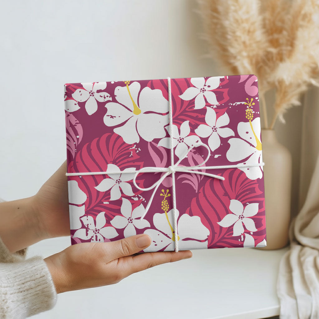 Pink Hawaiian Hibiscus Monstera Wrapping Paper Grunge Stylized
