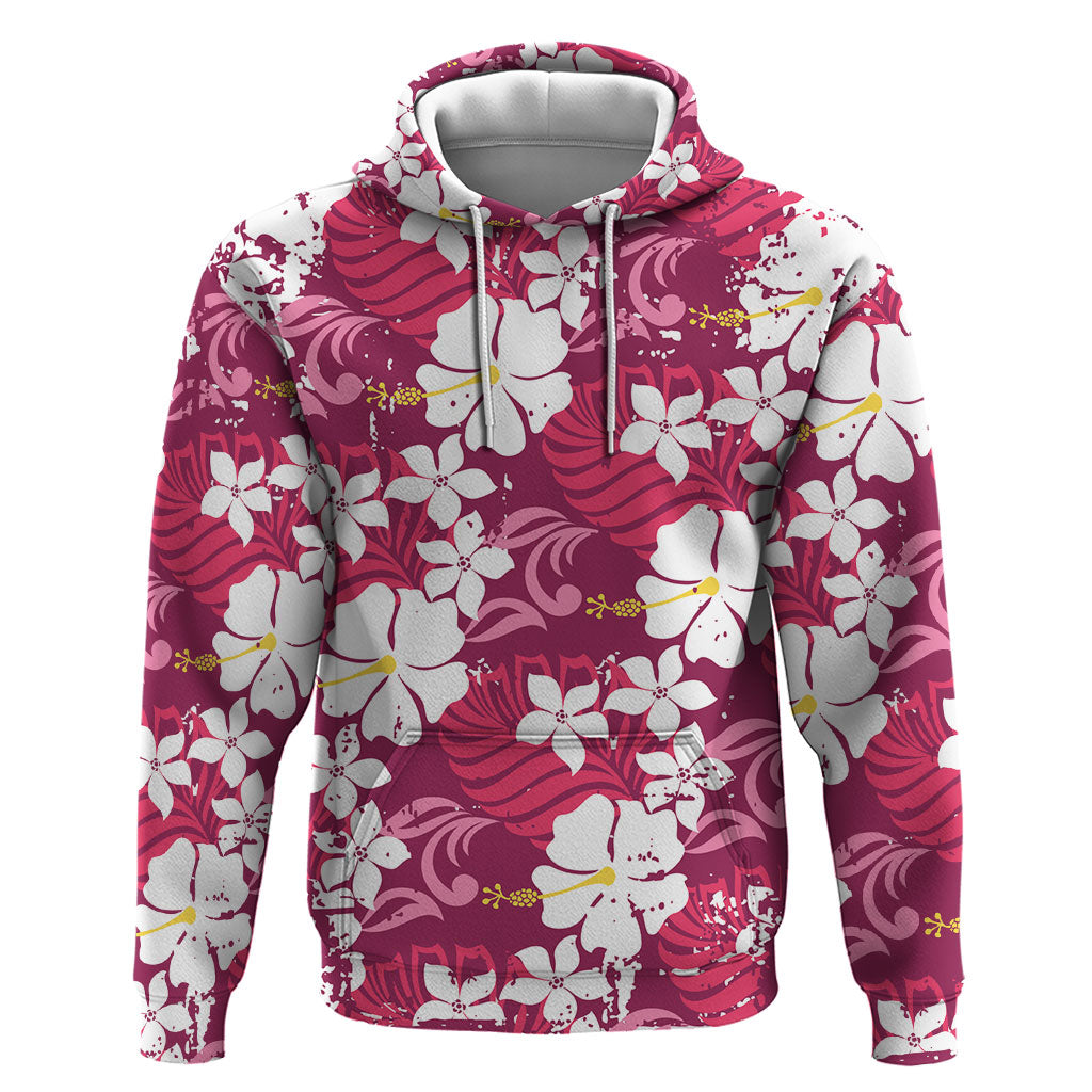 Pink Hawaiian Hibiscus Monstera Zip Hoodie Grunge Stylized LT01 Pullover Hoodie Pink - Polynesian Pride
