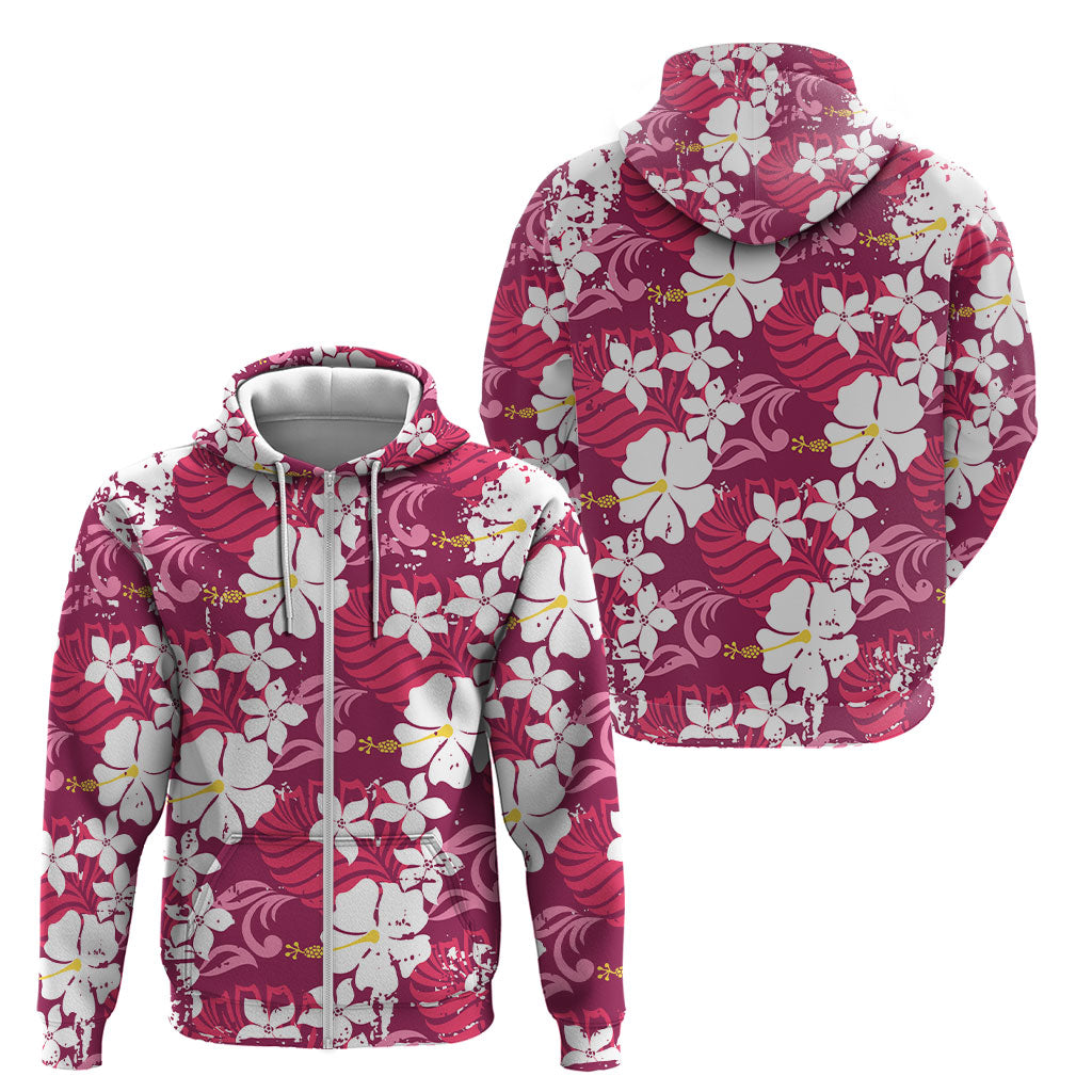 Pink Hawaiian Hibiscus Monstera Zip Hoodie Grunge Stylized LT01 - Polynesian Pride