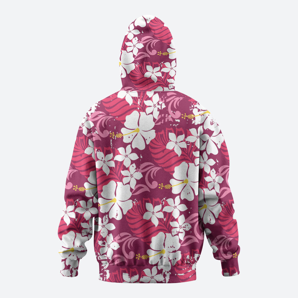 Pink Hawaiian Hibiscus Monstera Zip Hoodie Grunge Stylized LT01 - Polynesian Pride