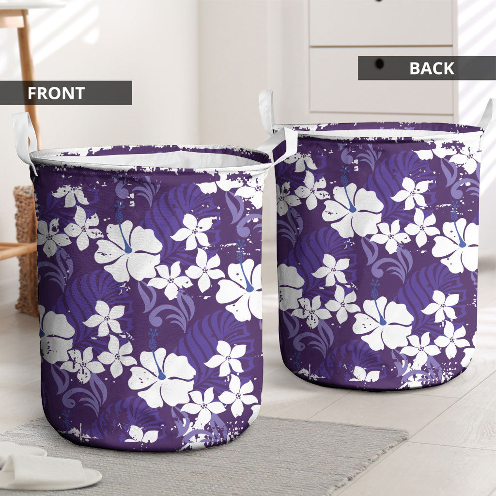 Purple Hawaiian Hibiscus Monstera Laundry Basket Grunge Stylized LT01 - Polynesian Pride
