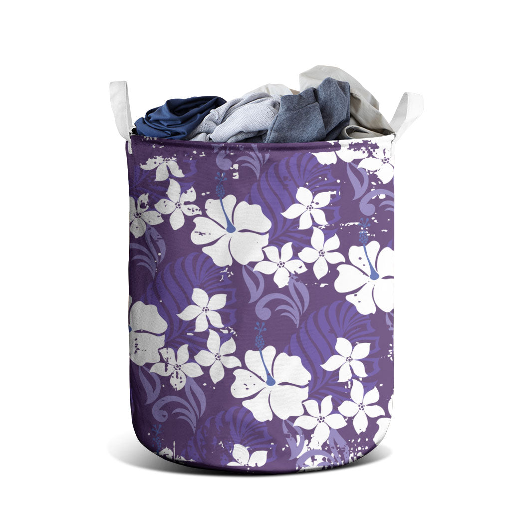 Purple Hawaiian Hibiscus Monstera Laundry Basket Grunge Stylized LT01 - Polynesian Pride