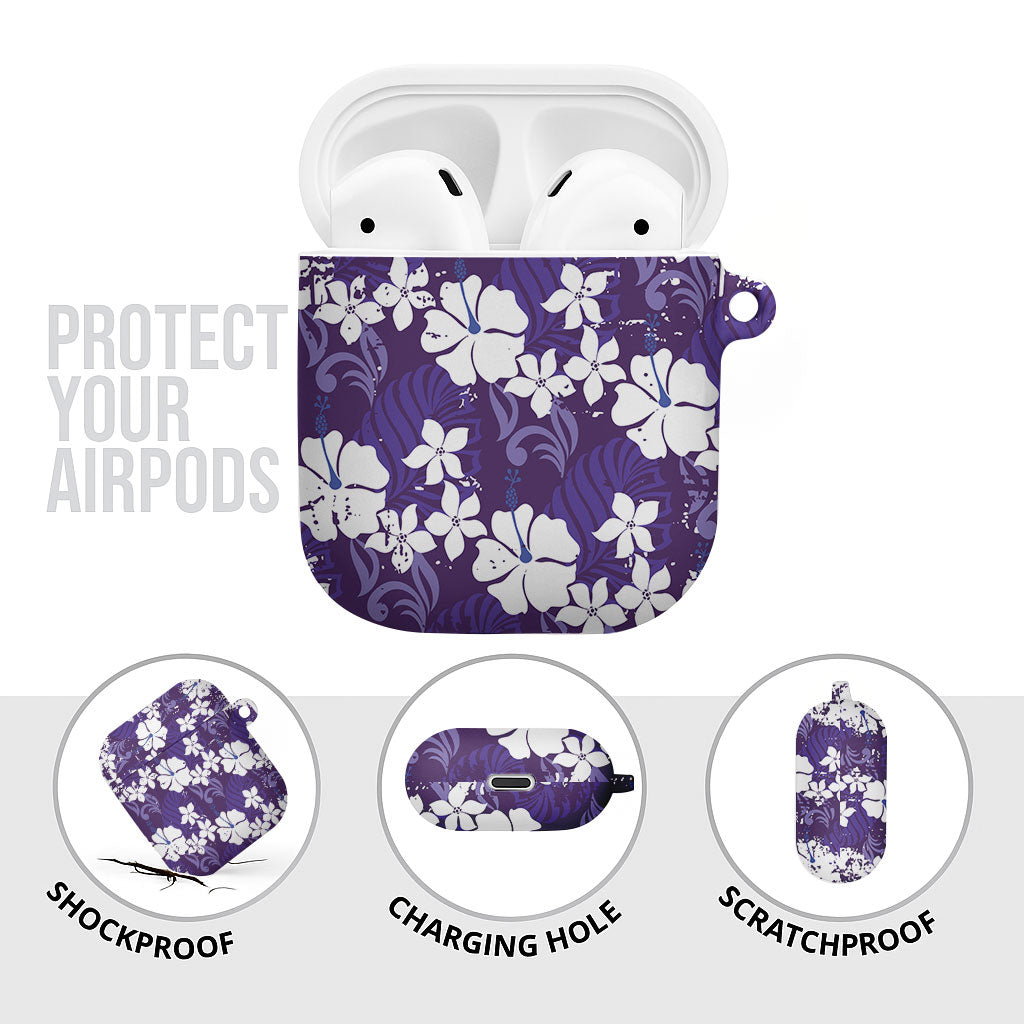 Purple Hawaiian Hibiscus Monstera AirPods Case Grunge Stylized LT01 - Polynesian Pride