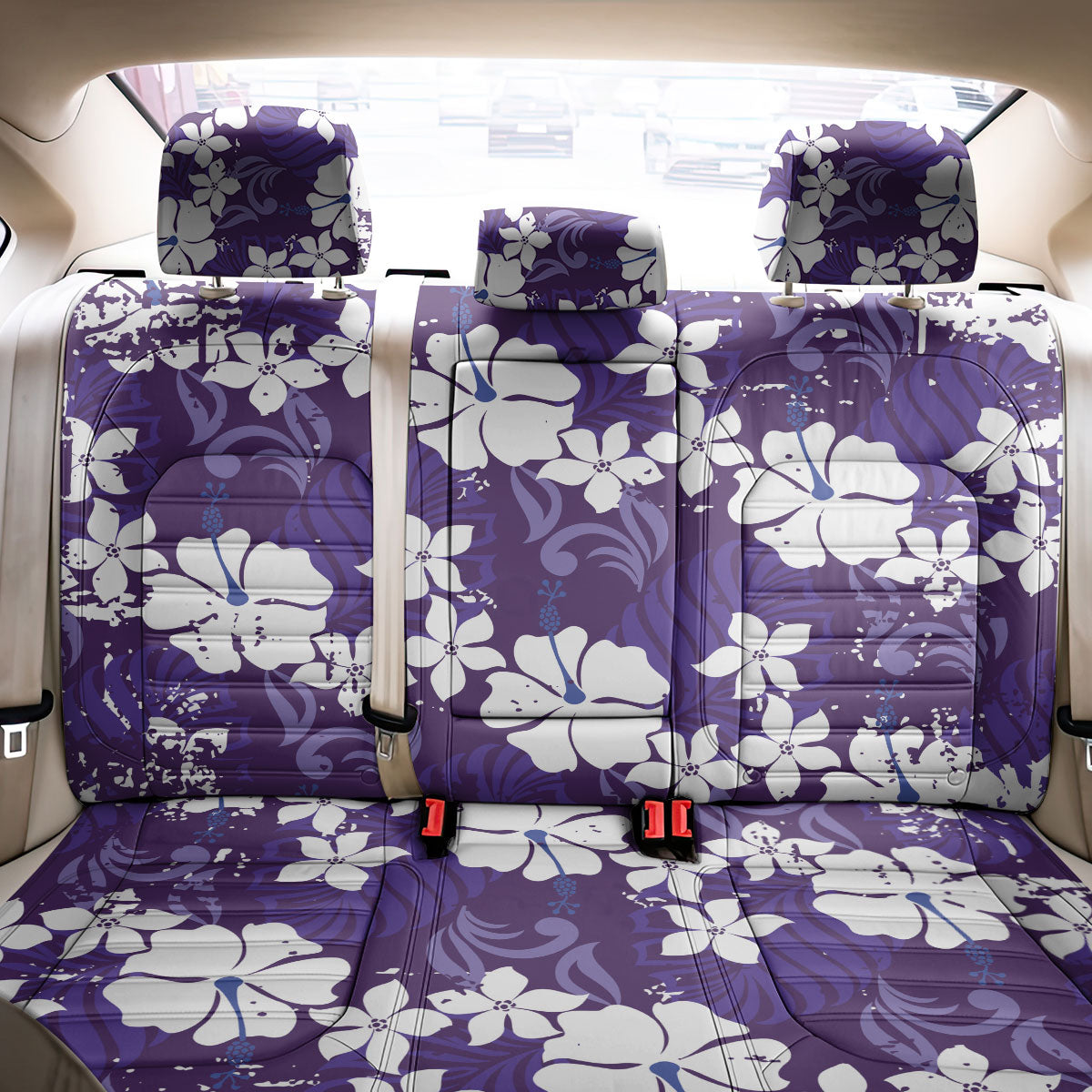Purple Hawaiian Hibiscus Monstera Back Car Seat Cover Grunge Stylized
