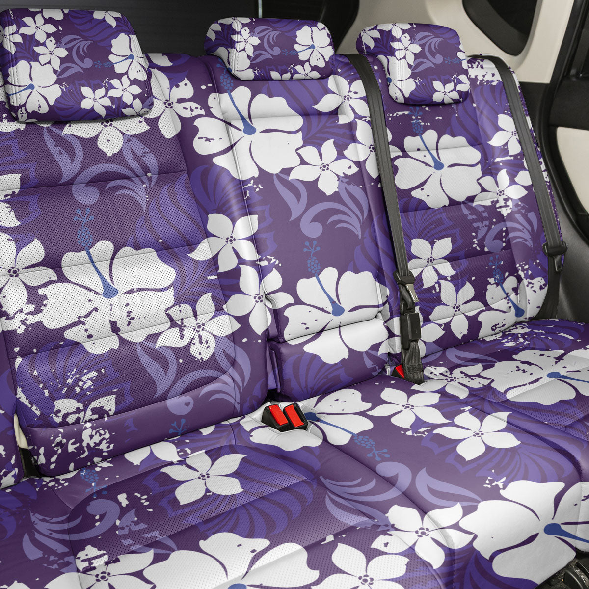 Purple Hawaiian Hibiscus Monstera Back Car Seat Cover Grunge Stylized