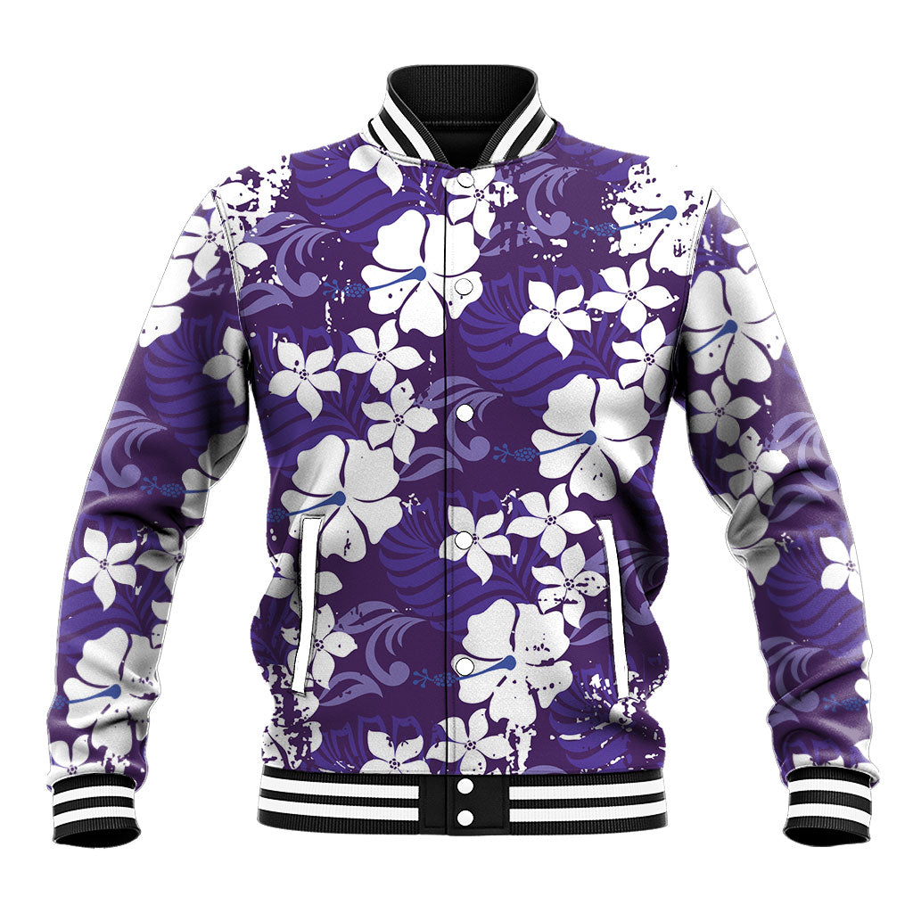 Purple Hawaiian Hibiscus Monstera Baseball Jacket Grunge Stylized LT01 Unisex Purple - Polynesian Pride