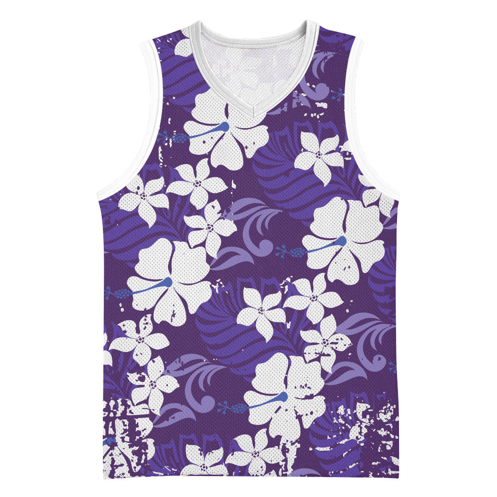 Purple Hawaiian Hibiscus Monstera Basketball Jersey Grunge Stylized LT01 Unisex Purple - Polynesian Pride