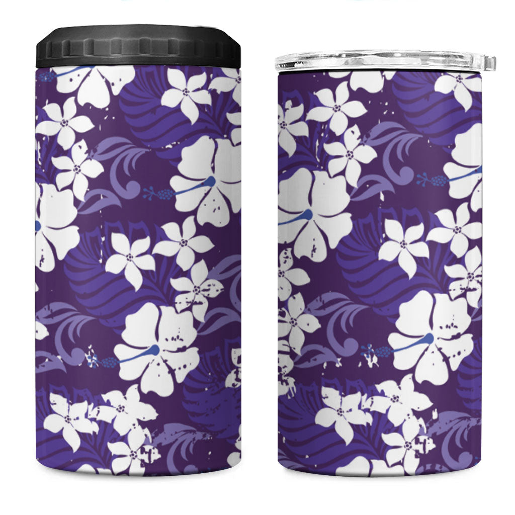 Purple Hawaiian Hibiscus Monstera 4 in 1 Can Cooler Tumbler Grunge Stylized LT01 One Size: 16 oz Purple - Polynesian Pride