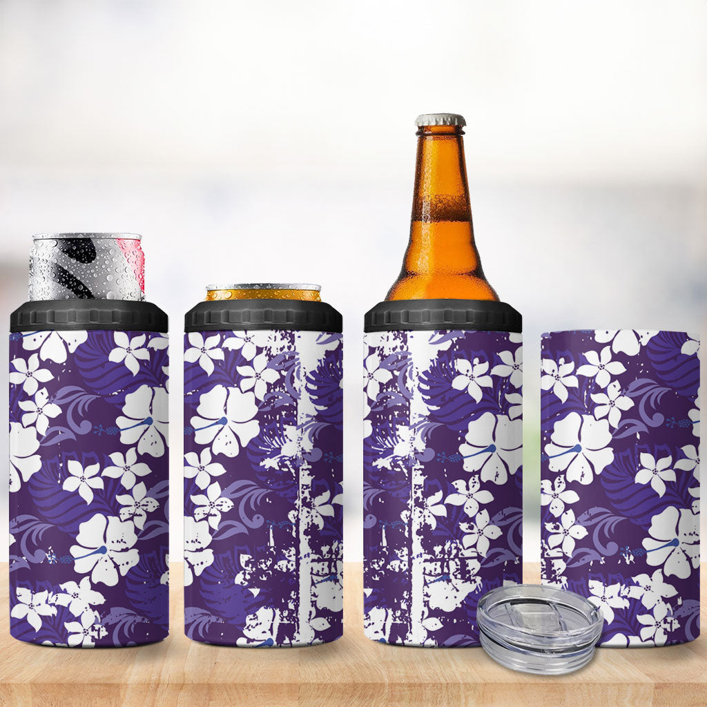 Purple Hawaiian Hibiscus Monstera 4 in 1 Can Cooler Tumbler Grunge Stylized LT01 - Polynesian Pride