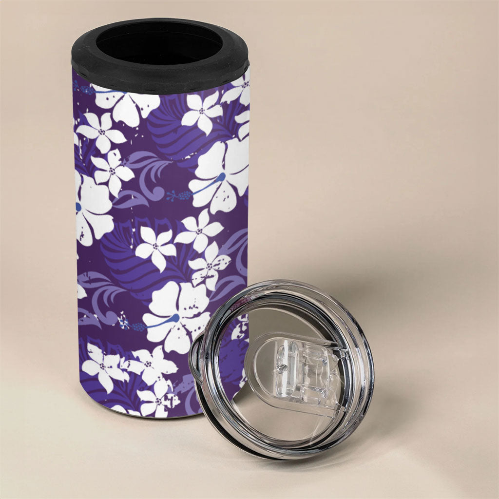 Purple Hawaiian Hibiscus Monstera 4 in 1 Can Cooler Tumbler Grunge Stylized LT01 - Polynesian Pride