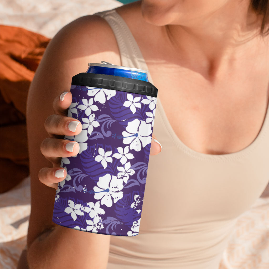 Purple Hawaiian Hibiscus Monstera 4 in 1 Can Cooler Tumbler Grunge Stylized LT01 - Polynesian Pride