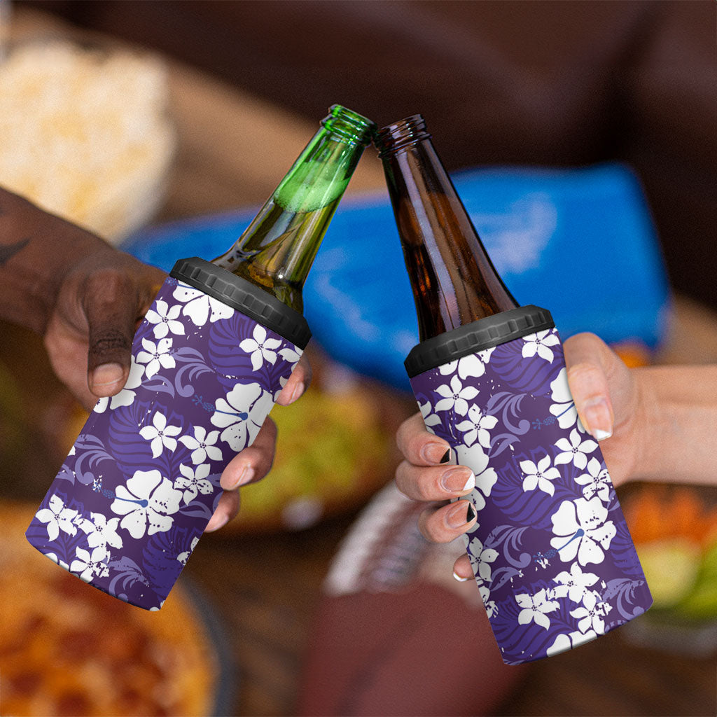 Purple Hawaiian Hibiscus Monstera 4 in 1 Can Cooler Tumbler Grunge Stylized LT01 - Polynesian Pride