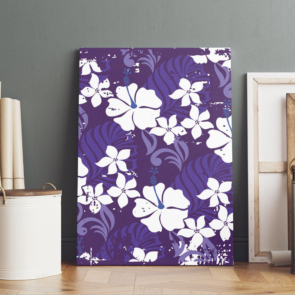 Purple Hawaiian Hibiscus Monstera Canvas Wall Art Grunge Stylized LT01 - Polynesian Pride