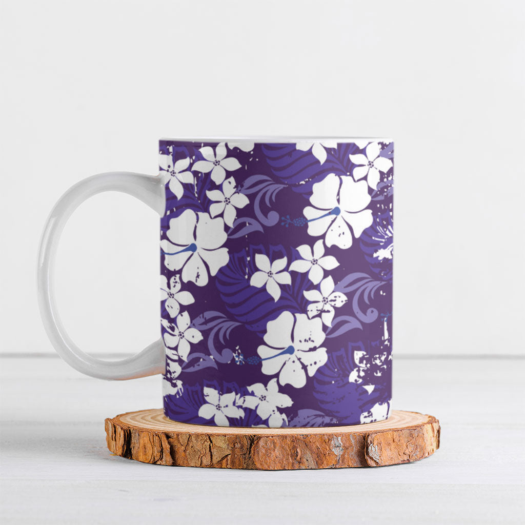 Purple Hawaiian Hibiscus Monstera Ceramic Mug Grunge Stylized LT01 Purple - Polynesian Pride
