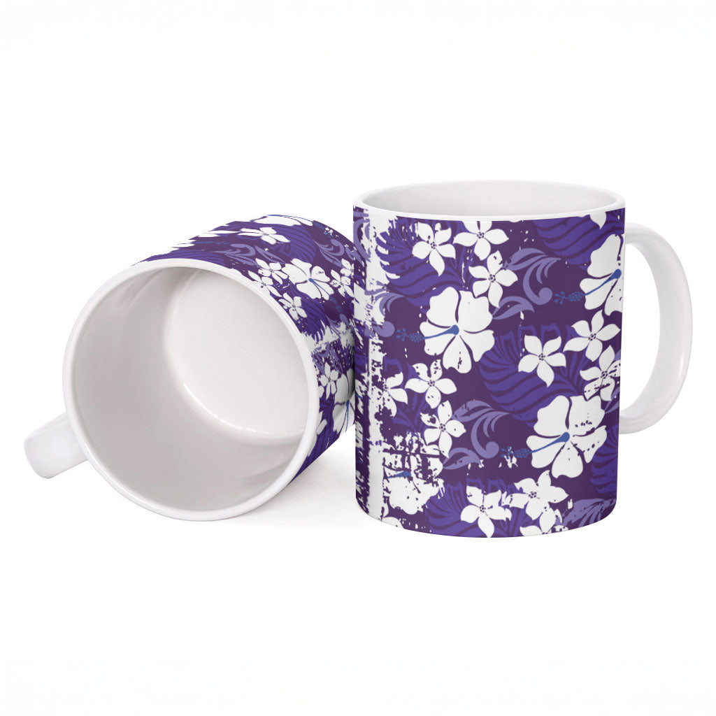 Purple Hawaiian Hibiscus Monstera Ceramic Mug Grunge Stylized