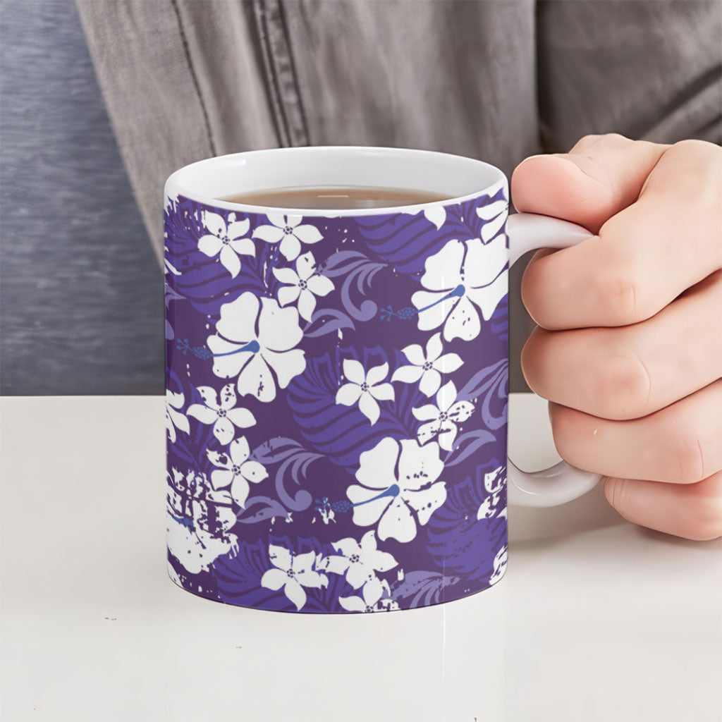 Purple Hawaiian Hibiscus Monstera Ceramic Mug Grunge Stylized