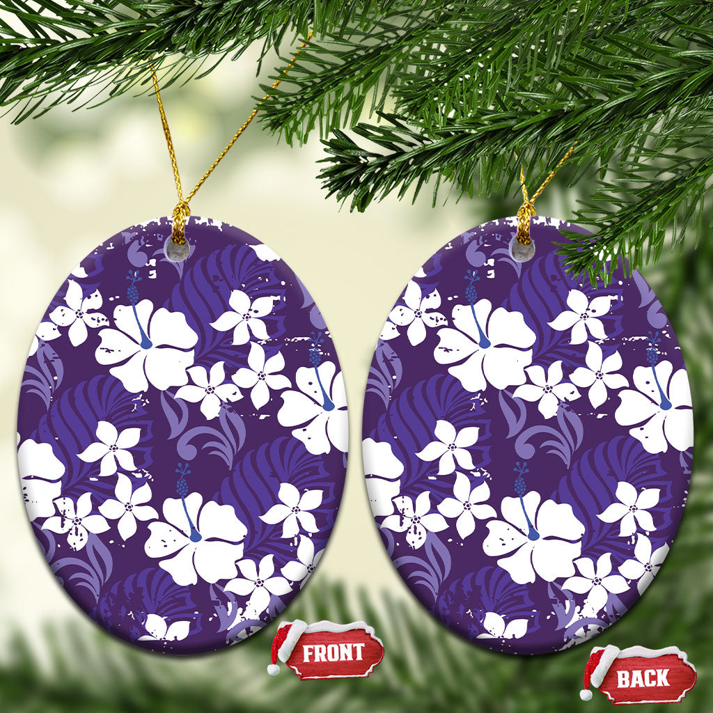 Purple Hawaiian Hibiscus Monstera Ceramic Ornament Grunge Stylized