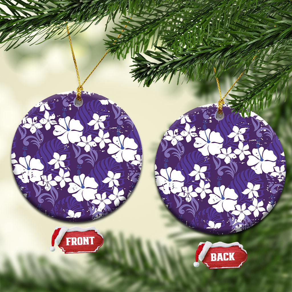 Purple Hawaiian Hibiscus Monstera Ceramic Ornament Grunge Stylized