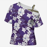 Purple Hawaiian Hibiscus Monstera Cross Shoulder Shirt Grunge Stylized