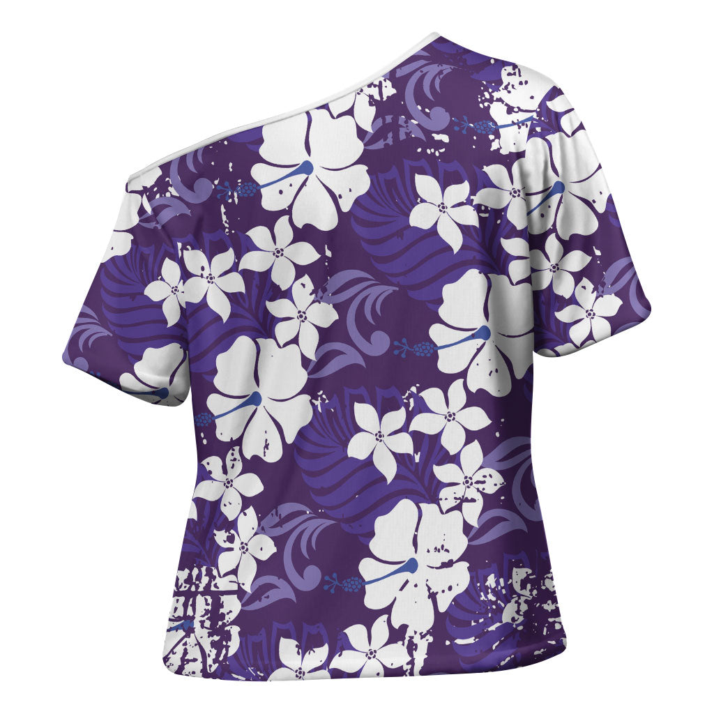 Purple Hawaiian Hibiscus Monstera Cross Shoulder Shirt Grunge Stylized