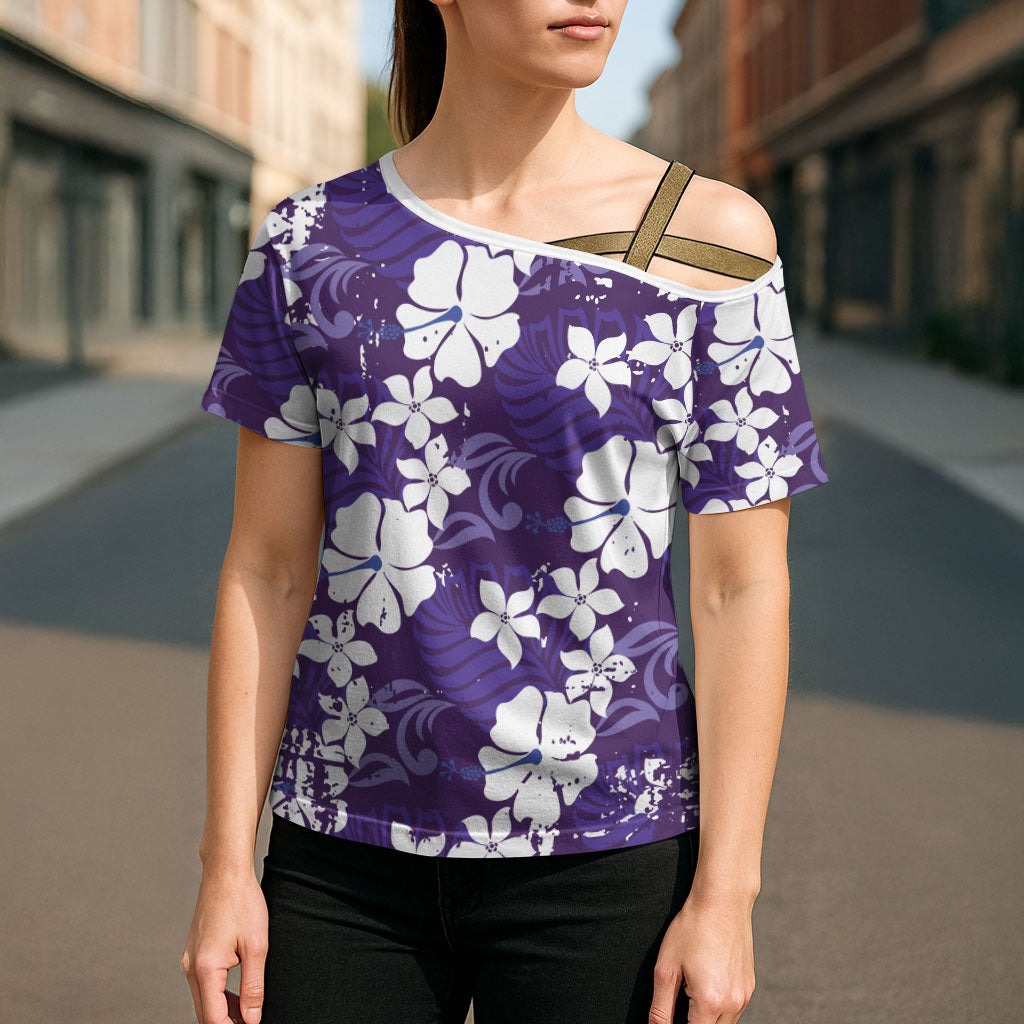 Purple Hawaiian Hibiscus Monstera Cross Shoulder Shirt Grunge Stylized