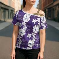 Purple Hawaiian Hibiscus Monstera Cross Shoulder Shirt Grunge Stylized