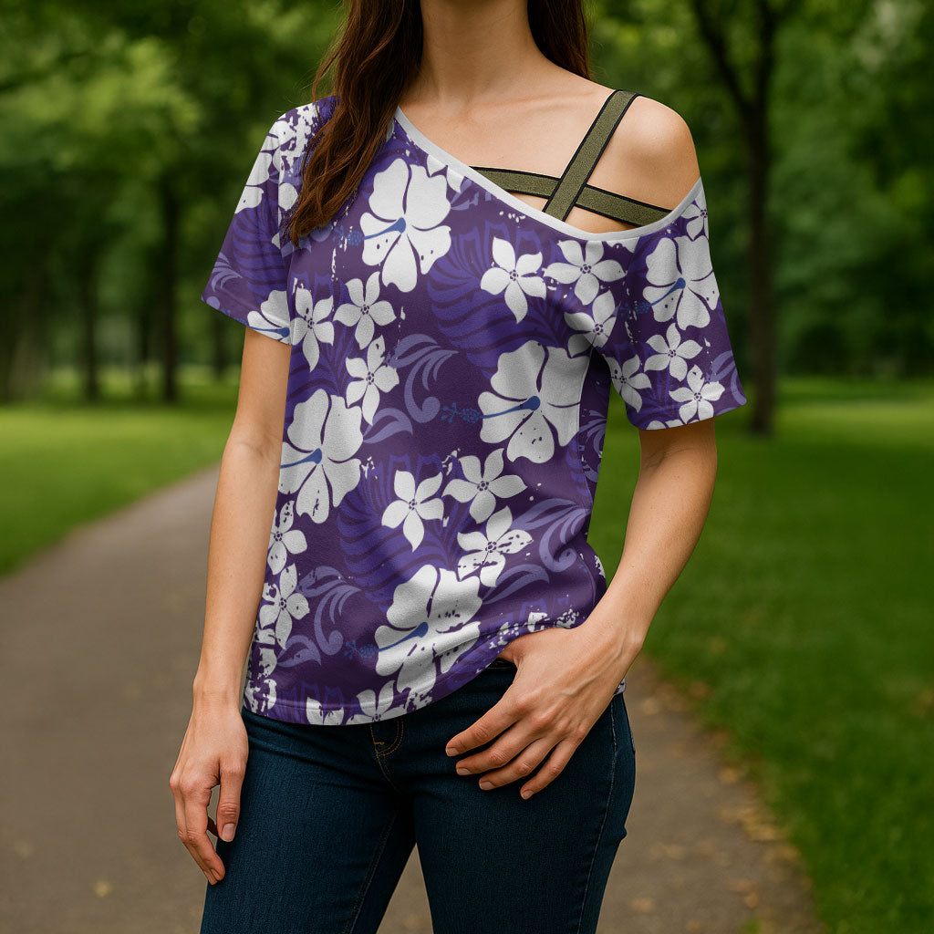 Purple Hawaiian Hibiscus Monstera Cross Shoulder Shirt Grunge Stylized