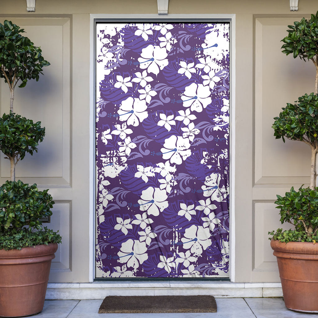 Purple Hawaiian Hibiscus Monstera Door Cover Grunge Stylized LT01 Purple - Polynesian Pride