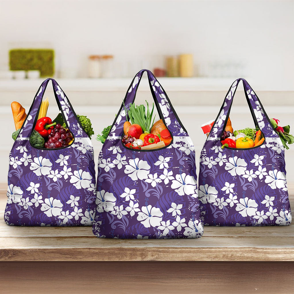 Purple Hawaiian Hibiscus Monstera Grocery Bag Grunge Stylized LT01 3-pack One Size Purple - Polynesian Pride