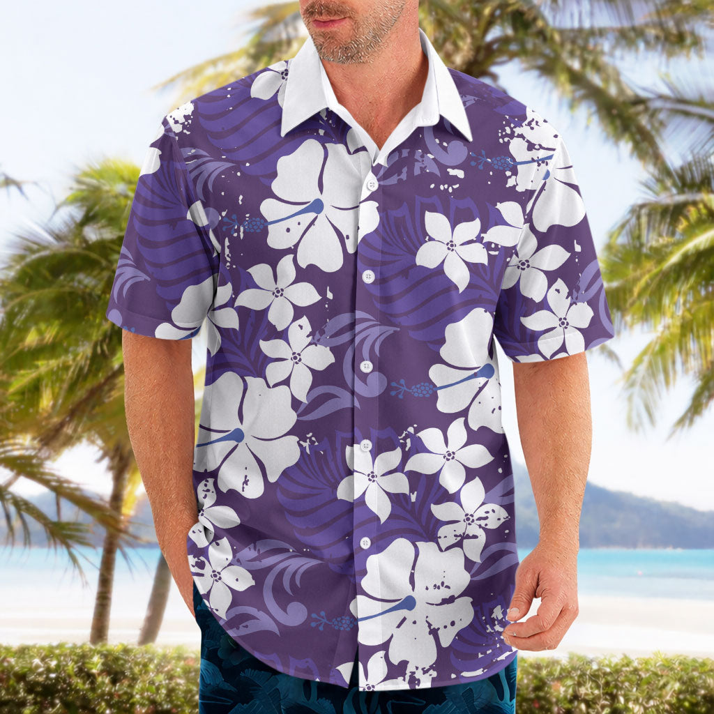 Purple Hawaiian Hibiscus Monstera Hawaiian Shirt Grunge Stylized