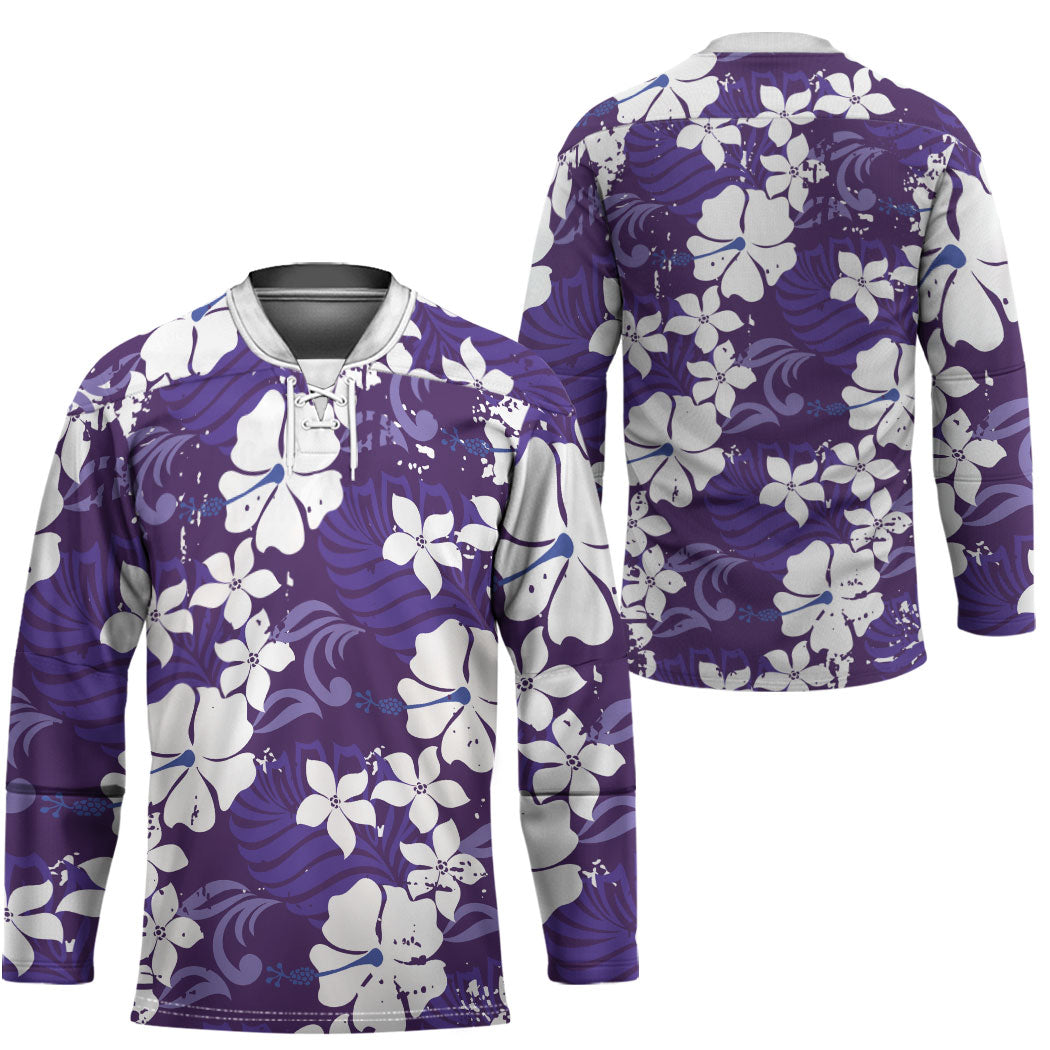 Purple Hawaiian Hibiscus Monstera Hockey Jersey Grunge Stylized LT01 - Polynesian Pride