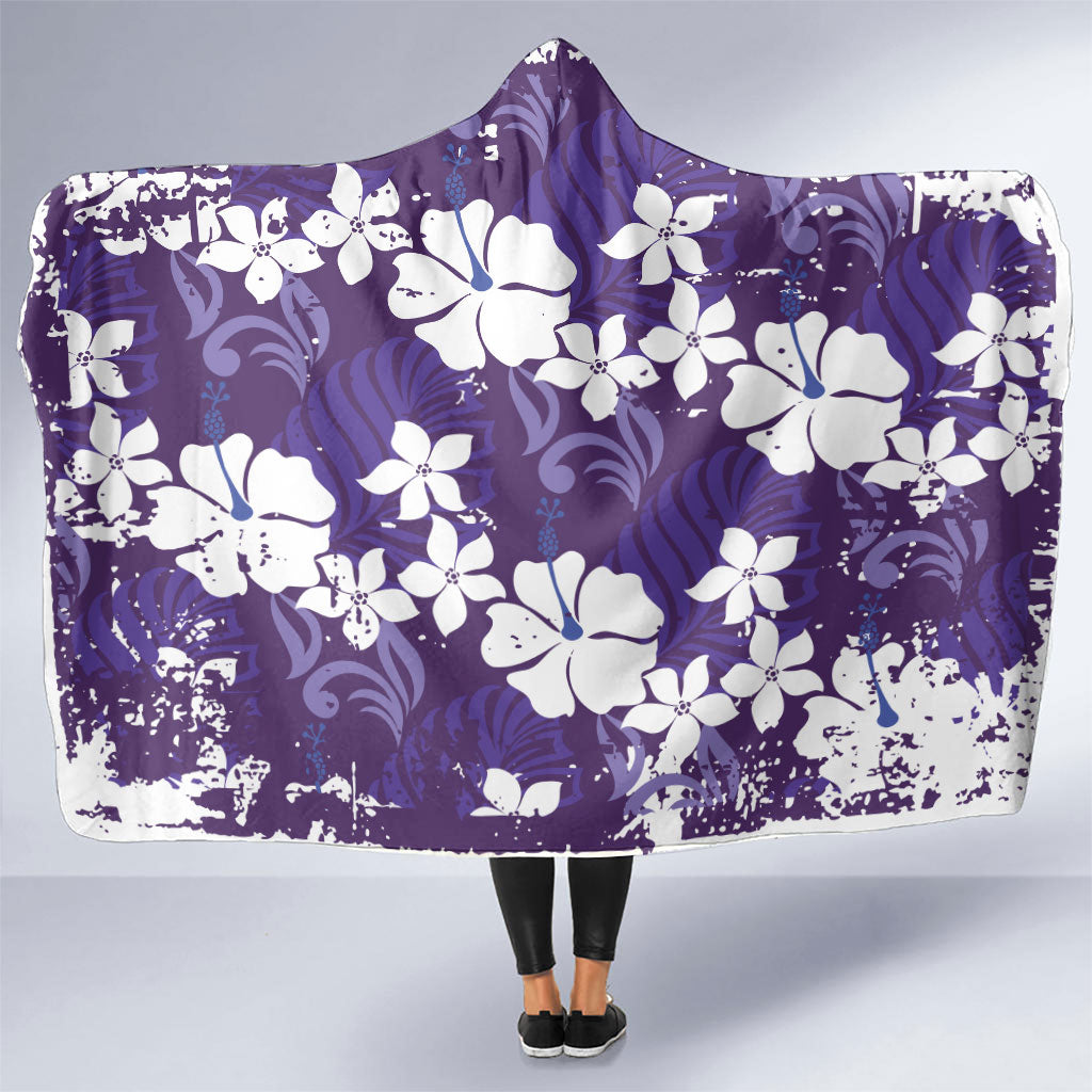 Purple Hawaiian Hibiscus Monstera Hooded Blanket Grunge Stylized LT01 One Size Purple - Polynesian Pride