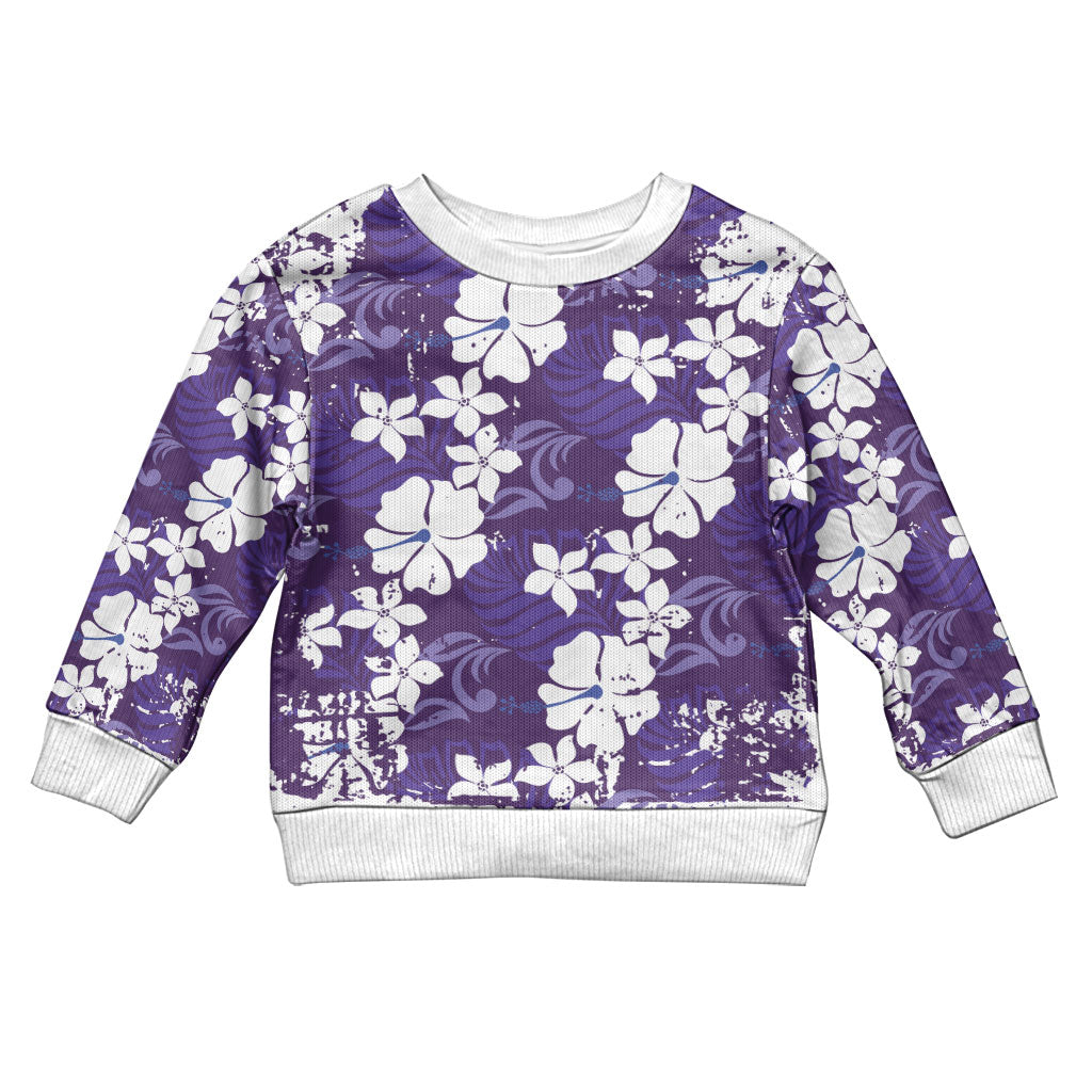Purple Hawaiian Hibiscus Monstera Kid Ugly Christmas Sweater Grunge Stylized LT01 Kid Purple - Polynesian Pride