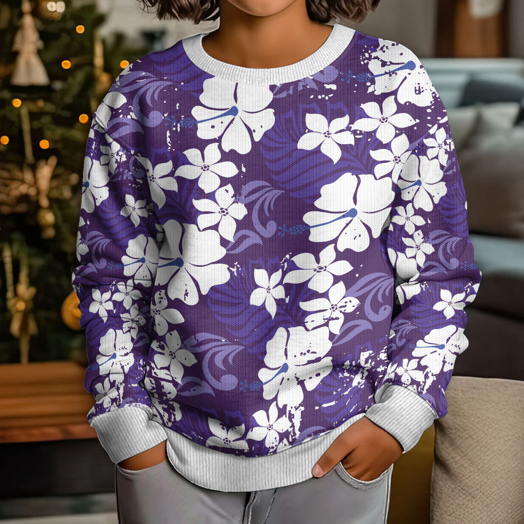 Purple Hawaiian Hibiscus Monstera Kid Ugly Christmas Sweater Grunge Stylized LT01 - Polynesian Pride