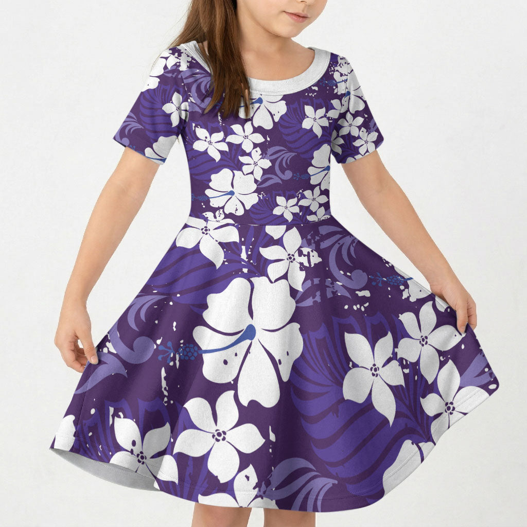 Purple Hawaiian Hibiscus Monstera Kid Short Sleeve Dress Grunge Stylized LT01 KID Purple - Polynesian Pride