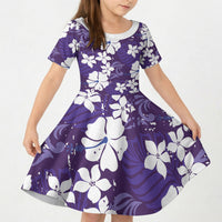 Purple Hawaiian Hibiscus Monstera Kid Short Sleeve Dress Grunge Stylized LT01 KID Purple - Polynesian Pride