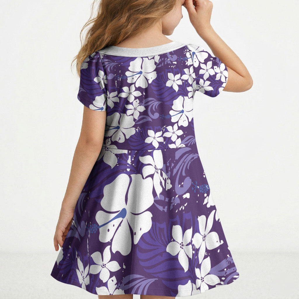 Purple Hawaiian Hibiscus Monstera Kid Short Sleeve Dress Grunge Stylized LT01 - Polynesian Pride