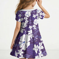Purple Hawaiian Hibiscus Monstera Kid Short Sleeve Dress Grunge Stylized LT01 - Polynesian Pride