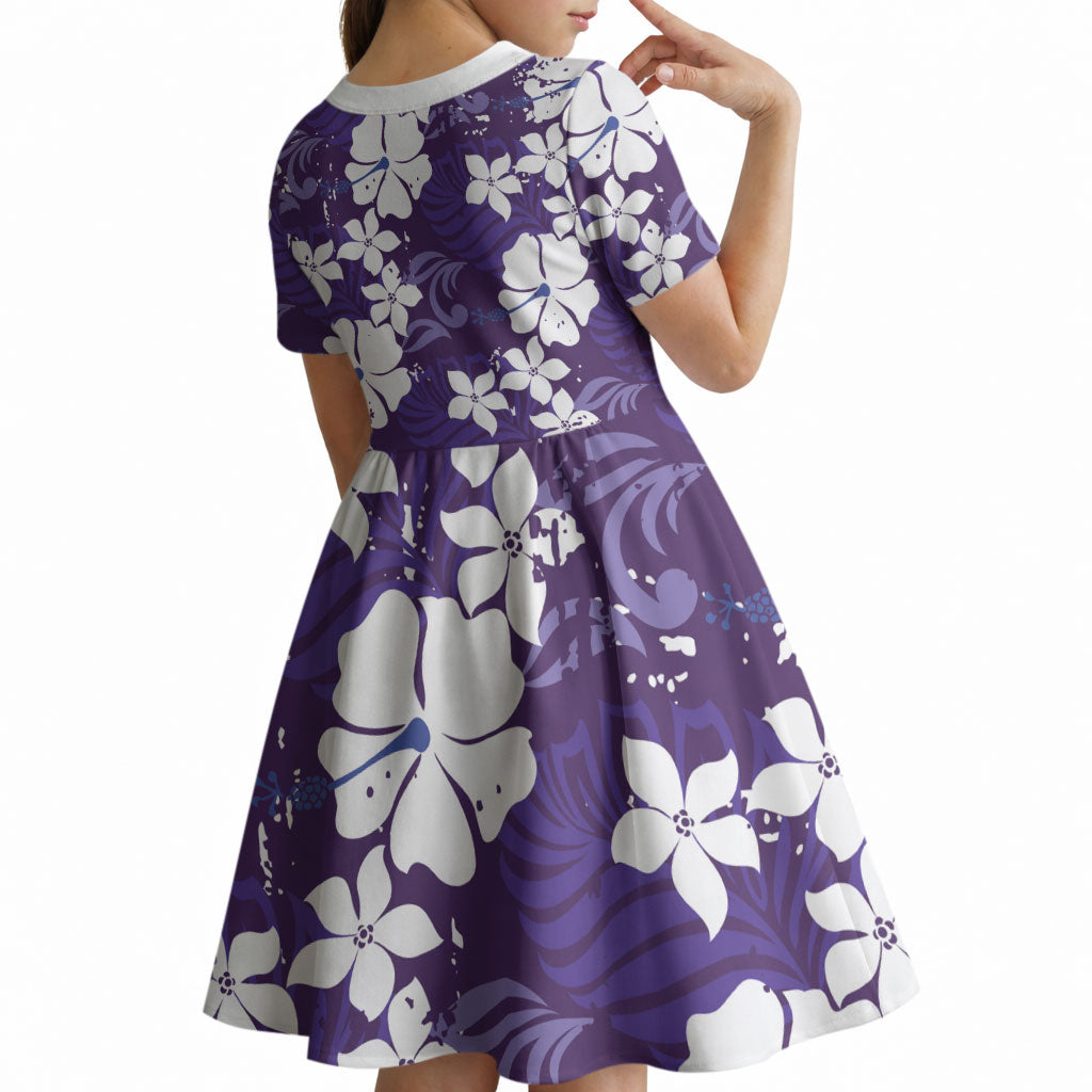 Purple Hawaiian Hibiscus Monstera Kid Short Sleeve Dress Grunge Stylized LT01 - Polynesian Pride