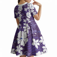 Purple Hawaiian Hibiscus Monstera Kid Short Sleeve Dress Grunge Stylized LT01 - Polynesian Pride