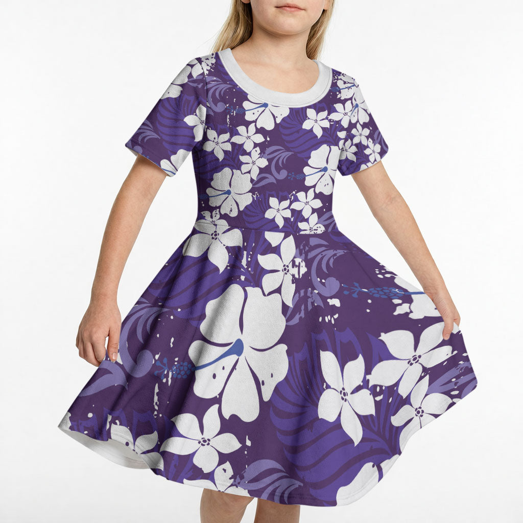 Purple Hawaiian Hibiscus Monstera Kid Short Sleeve Dress Grunge Stylized LT01 - Polynesian Pride
