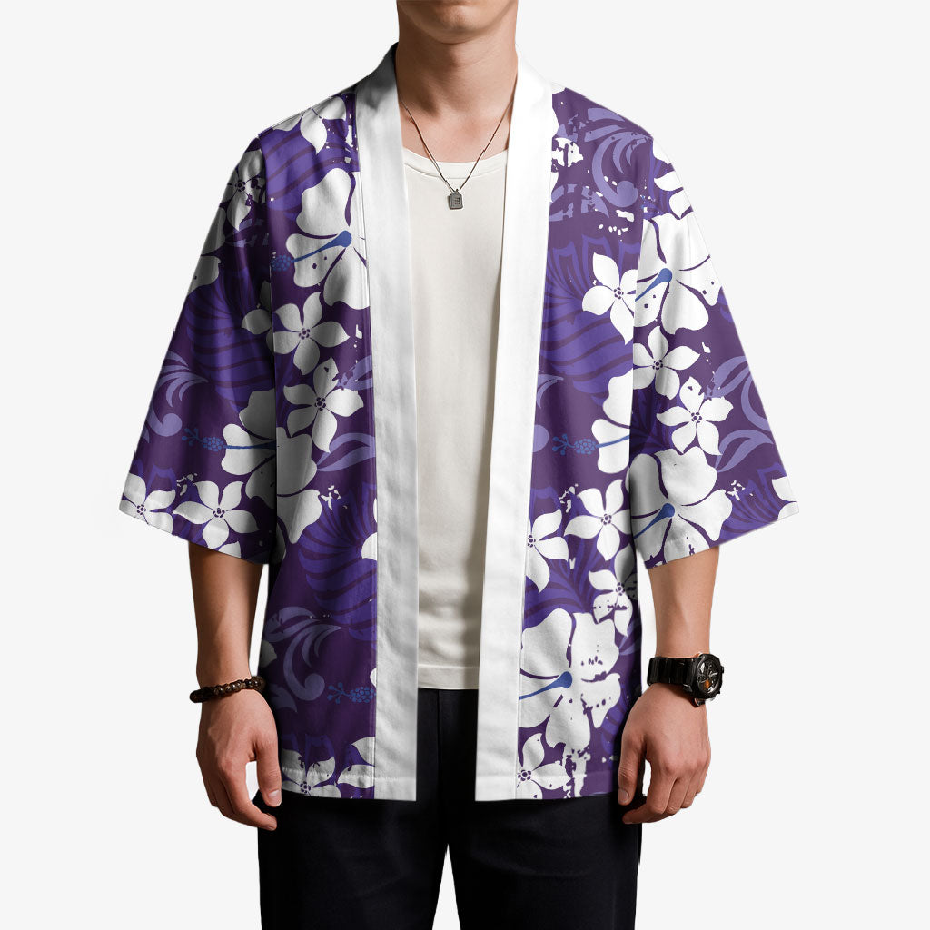 Purple Hawaiian Hibiscus Monstera Kimono Grunge Stylized LT01 - Polynesian Pride
