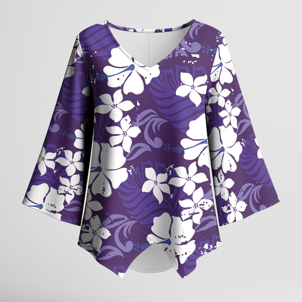 Purple Hawaiian Hibiscus Monstera Kimono Sleeve Blouse Grunge Stylized LT01 Female Purple - Polynesian Pride