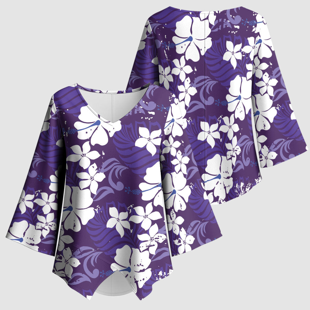 Purple Hawaiian Hibiscus Monstera Kimono Sleeve Blouse Grunge Stylized LT01 - Polynesian Pride