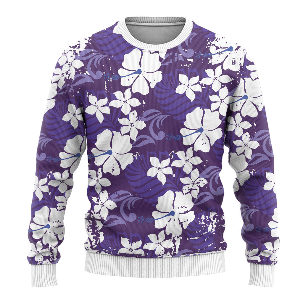 Purple Hawaiian Hibiscus Monstera Ugly Christmas Sweater Grunge Stylized