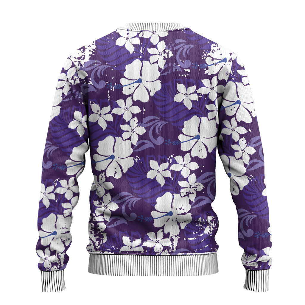 Purple Hawaiian Hibiscus Monstera Ugly Christmas Sweater Grunge Stylized