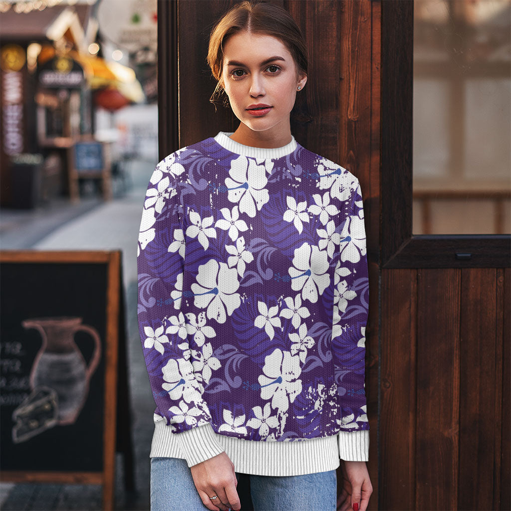 Purple Hawaiian Hibiscus Monstera Ugly Christmas Sweater Grunge Stylized